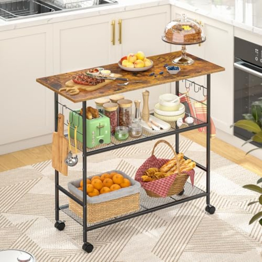 Kitchen Island with 3 Shelves, - Kitchen Baking Cart ulasan dan harga