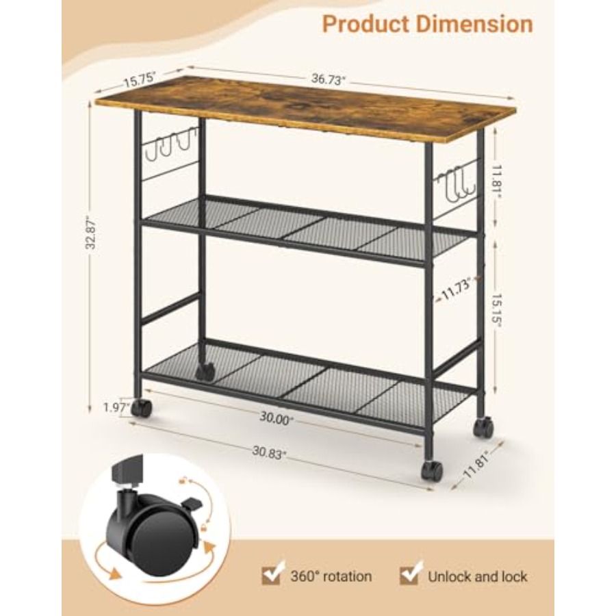 Kitchen Island with 3 Shelves, - Kitchen Baking Cart ulasan dan harga