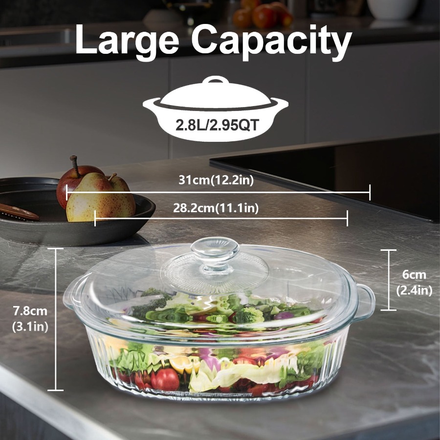 2.8L 3Qt Glass Casserole Dish  - Kitchen Baking Pan Storage ulasan dan harga
